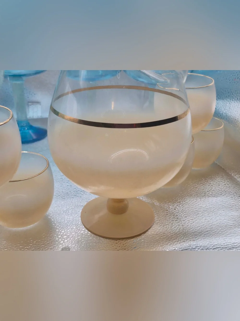 Vintage MCM Blendo Roly Poly Pitcher & Glasses Set - Peach Frosted Crystal Glass